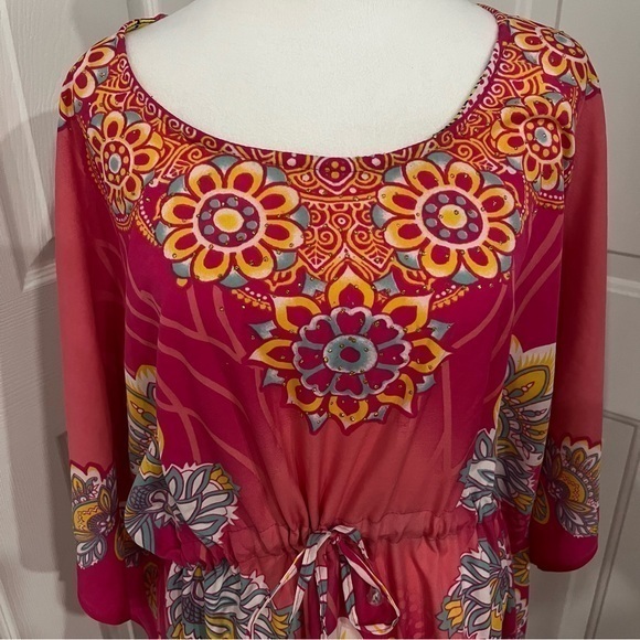 California Vibrant Pink Kaftan Tunic Gold Bling Colorful Waist Tie Women OneSize - Picture 5 of 12
